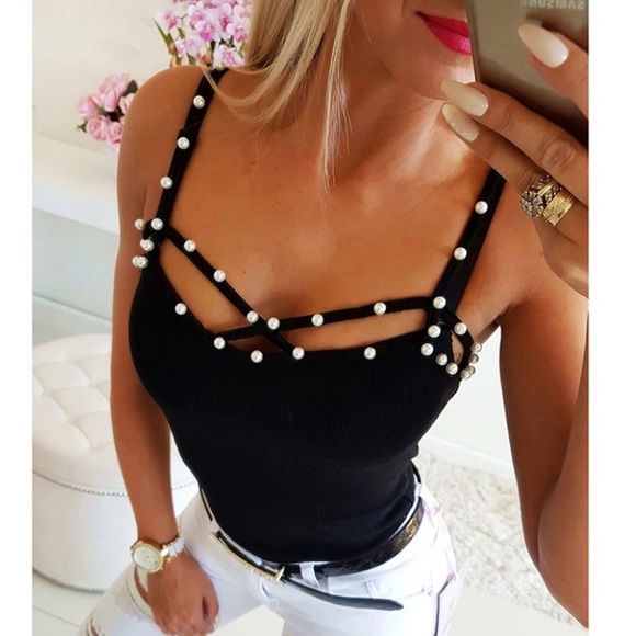 NEW Embellished Black Tank Top Preppy Classy - Picture 3 of 4